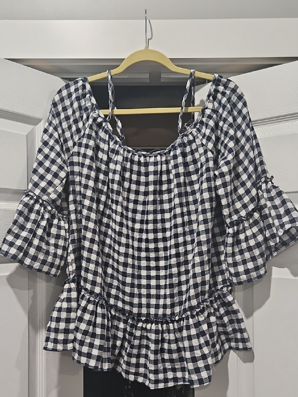 Caution To The Wind Navy and White Gingham Smocked Top